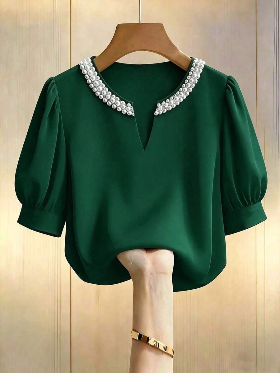 Blusa casual elegante de mujer con cuello redondo en color champán, cuello en V, manga corta abullonada, con adornos de perlas falsas, corte holgado, adecuada para ir a trabajar, elegancia cotidiana.Elegante, casual, atuendo casual para mujer, ro - Verde - Ver 1