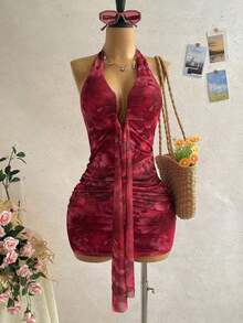 Vestido mini casual de vacaciones para mujer con escote en V profundo, cuello halter con lazo, y drapeado.Adecuado para la playa, cruceros y festivales de música en verano - Azul menta - Ver 8