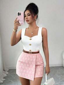 Falda pantalón elegante de unicolor con textura jacquard, para el Día de San Valentín - Rosa - Ver 2