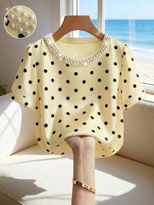 Blusa suelta de manga corta con cuello redondo, decoración de cadena de perlas y lunares en color albaricoque para mujer - Amarillo - Ver 1