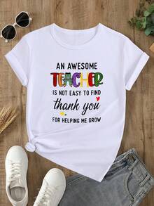 Camiseta casual holgada de manga corta para verano con diseño de estampado de profesor - [Blanco] - Ver 1