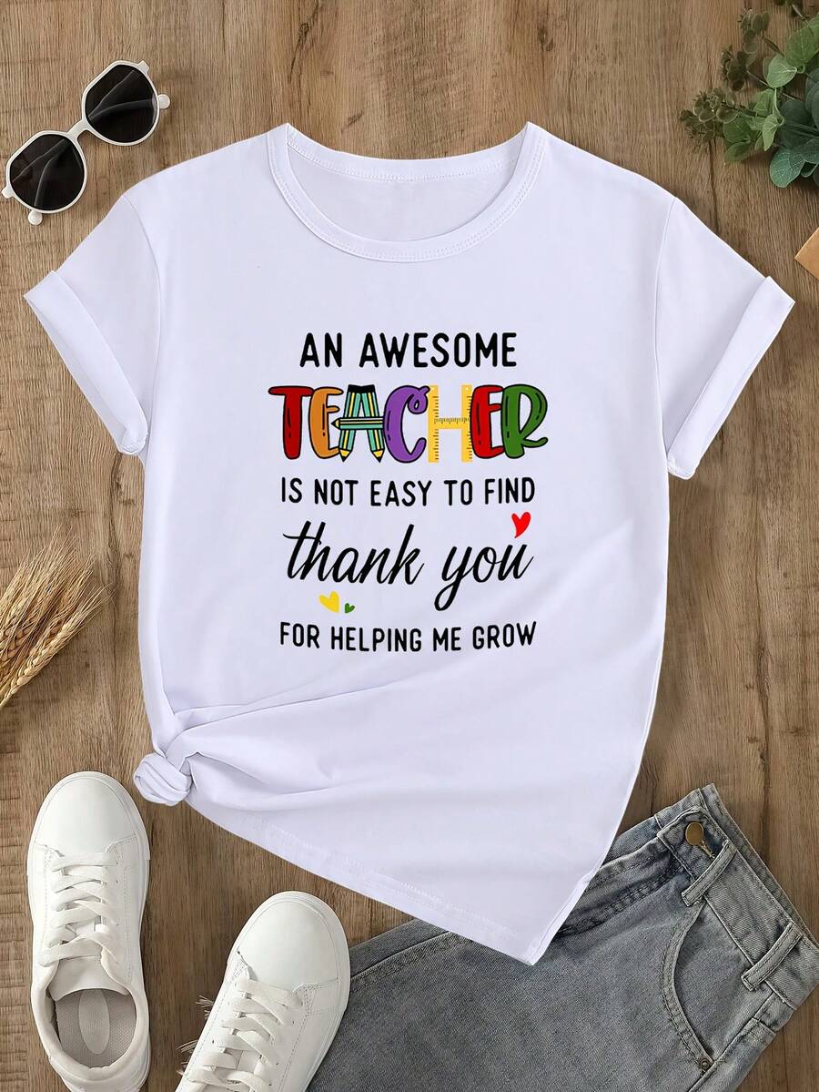 Camiseta casual holgada de manga corta para verano con diseño de estampado de profesor - [Blanco] - Ver 1