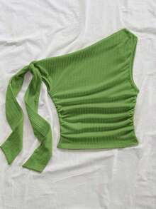 Blusa ajustada de cuello asimétrico con volantes y lazada, en color amarillo pálido, apta para fiesta, vacaciones, festival de música, estilo bohemio, citas y té de la tarde - Verde 2 - Ver 2