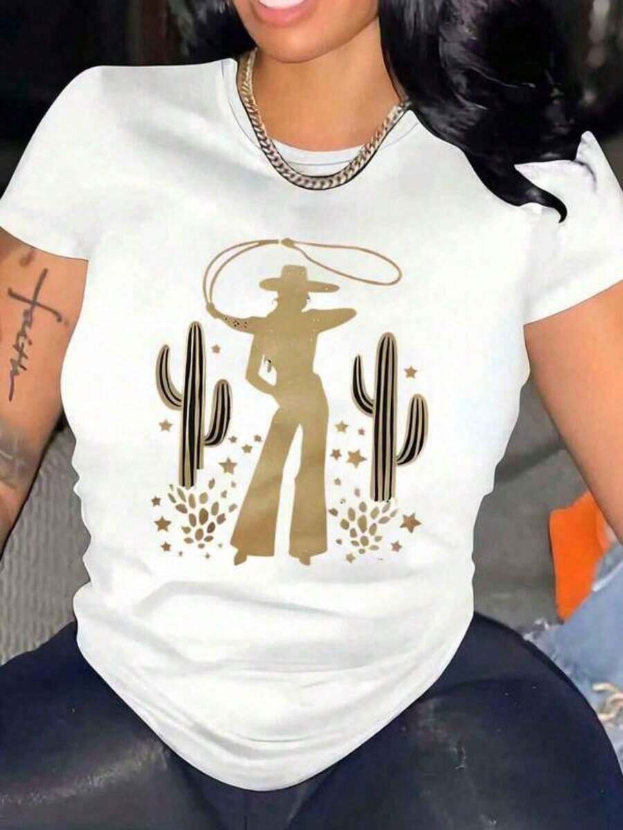 Camisetas Casuales para Mujer, Camiseta de Cuello Redondo con Estampado de Vaquero del Oeste y Diseño de Cactus y Estrellas, Estilo Casual de Verano, Camiseta para Mujer, Estilo Y2K, Camisetas de Moda de Verano, Conjuntos y Tops Casuales de Streetwear. - Blanco - Ver 1