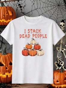 Women's T-Shirt, Inspired By "I Stack Dead People", With Pumpkin And Tombstone Design, Pooky Cute Style - Casual Summer T-Shirts For Women, 100% Cotton, Soft, Breathable, Loose Fit, Summer Clothes For Women, Urban Clothes, Outfit For Parties And Festivals, Suitable For Spring, Summer And Autumn. - 白色 - 查看 1