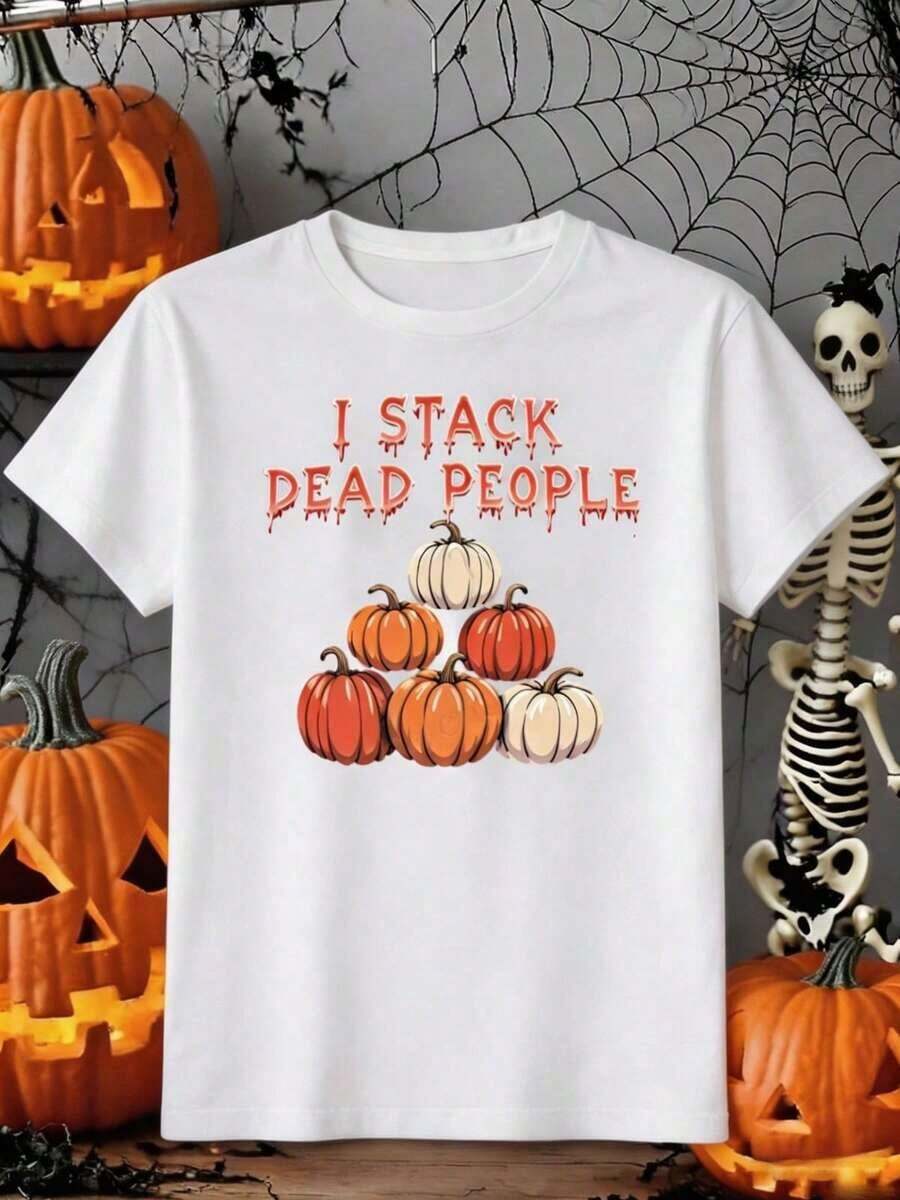 Women's T-Shirt, Inspired By "I Stack Dead People", With Pumpkin And Tombstone Design, Pooky Cute Style - Casual Summer T-Shirts For Women, 100% Cotton, Soft, Breathable, Loose Fit, Summer Clothes For Women, Urban Clothes, Outfit For Parties And Festivals, Suitable For Spring, Summer And Autumn. - 白色 - 查看 1