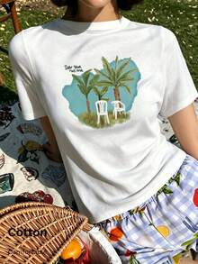 夏季新款圓領 DTMF 圖案修身落肩 T-shirt，度假旅行海灘穿搭 - 白色6 - 查看 6
