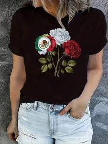 New 2026 Camiseta estampada floral para mujer - Cuello redondo casual de manga corta, tejido elástico y cómodo, diseño de rosas rojas vibrantes y hojas verdes, perfecto para atuendos de verano, camiseta de mujer Camiseta femenina casual estampado floral diseño holgado cuello redondo manga corta primavera-verano uso diario - Negro - Ver 6