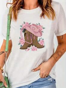 Western Cowgirl Boots And Hat Print T-Shirt, Casual Short-Sleeved Crew Neck T-Shirt For Spring And Summer, Women's Clothing. A Very Distinctive Printed T-Shirt / Unisex Style / Suitable For Both Men And Women / Wrinkle-Resistant / Breathable - 白色 - 查看 1