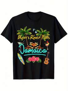 Dunn's River Falls Jamaica Beach T-Shirt, Summer Sunset, Palm Trees, Palm Tree T-Shirt, 180g, Comfortable And Versatile, For Summer And Spring, Athletic Style, Comfortable Fit T-Shirt, Ideal For Gifts, Casual Wear For All Seasons For Sports Fans | Fun Design T-Shirt | - 黑色 - 查看 1