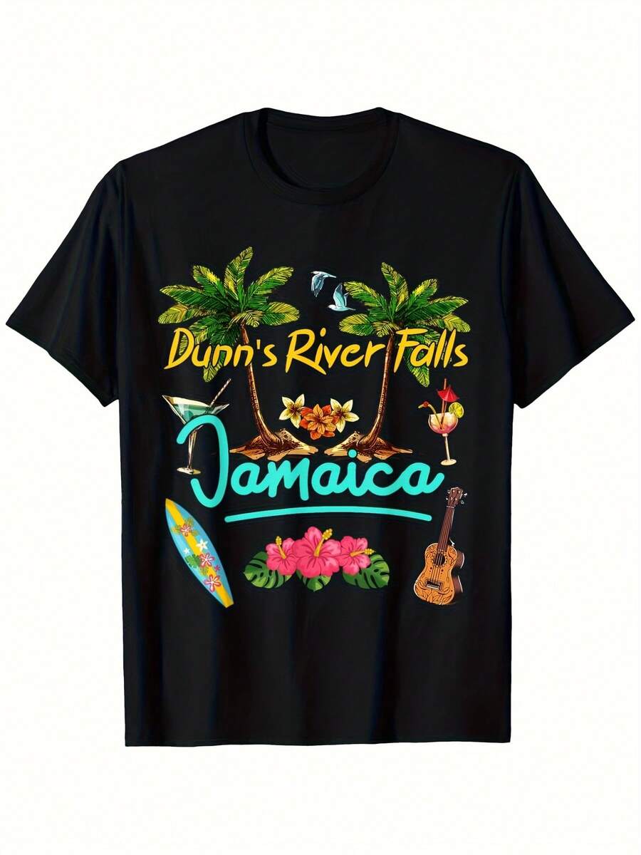 Dunn's River Falls Jamaica Beach T-Shirt, Summer Sunset, Palm Trees, Palm Tree T-Shirt, 180g, Comfortable And Versatile, For Summer And Spring, Athletic Style, Comfortable Fit T-Shirt, Ideal For Gifts, Casual Wear For All Seasons For Sports Fans | Fun Design T-Shirt | - 黑色 - 查看 1