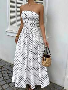 Sleeveless Dress, High Neck, Polka Dots, New Style, Fitted With Ruffles, Elegant And Versatile - White - View 3