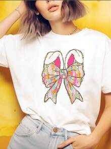 1 Piece Women's Spring Festive T-Shirt With Rabbit And Flower Design - Pure Cotton, White Easter T-Shirt, Geometric Pattern, Casual Style, 180g 100% Cotton - White - View 6