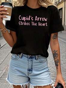 Women's Valentine's Day T-Shirt, Pink Cupid's Arrow Print, Short Sleeve Crew Neck Casual T-Shirt For Women, Spring-Summer, For Daily Wear, Leisure, Party Gift, Women's Going Out T-Shirts - 黑色 - 查看 7