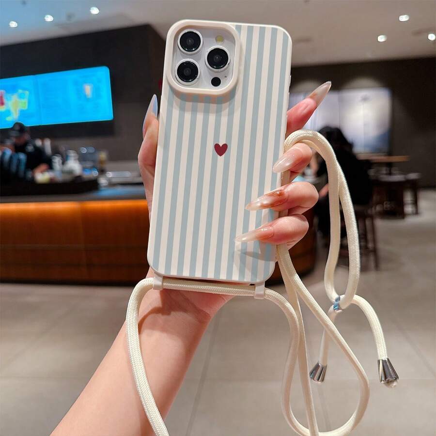 Convenient Lanyard Phone Case With Adjustable Lanyard And Shoulder Strap, Vibrant Pink Vertical Striped, Lightweight Shockproof TPU Protective Case For Apple Phones - Multicolor - View 1