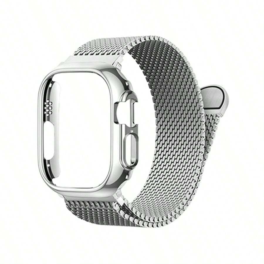 Magnetic 1 Band And 1 Case Compatible For Apple Watch Band Strape 40mm 41mm 38mm 44mm 45mm 46mm 42mm 49mm Women/Men,Stainless Steel Milanese Loop Bracelet Strap With Cover Combo Series 11 10 9 8 7 6 5 4 SE Ultra/2 3 S11 - Silver - View 1