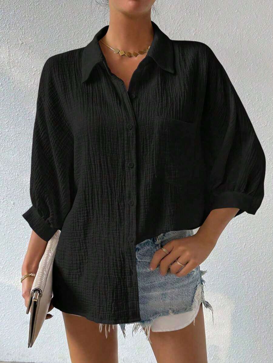 Camisa de mujer minimalista y casual de unicolor con botones delanteros, textura y hombros caídos - Negro - Ver 1