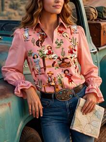 Women's Cute Cowgirl Motif Pink Polyester Shirt With Ruffle Flounce Long Sleeves, Perfect Boho-Style Blouse Featuring Classic Western Lapel Collar - 粉色 - 查看 1