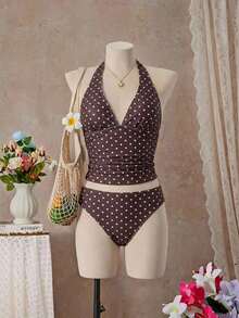 Women's Sexy Polka Dot Print Tie-Neck Tankini Swimsuit With Open Back, Suitable For The Beach And Vacation - Mint Green - View 5