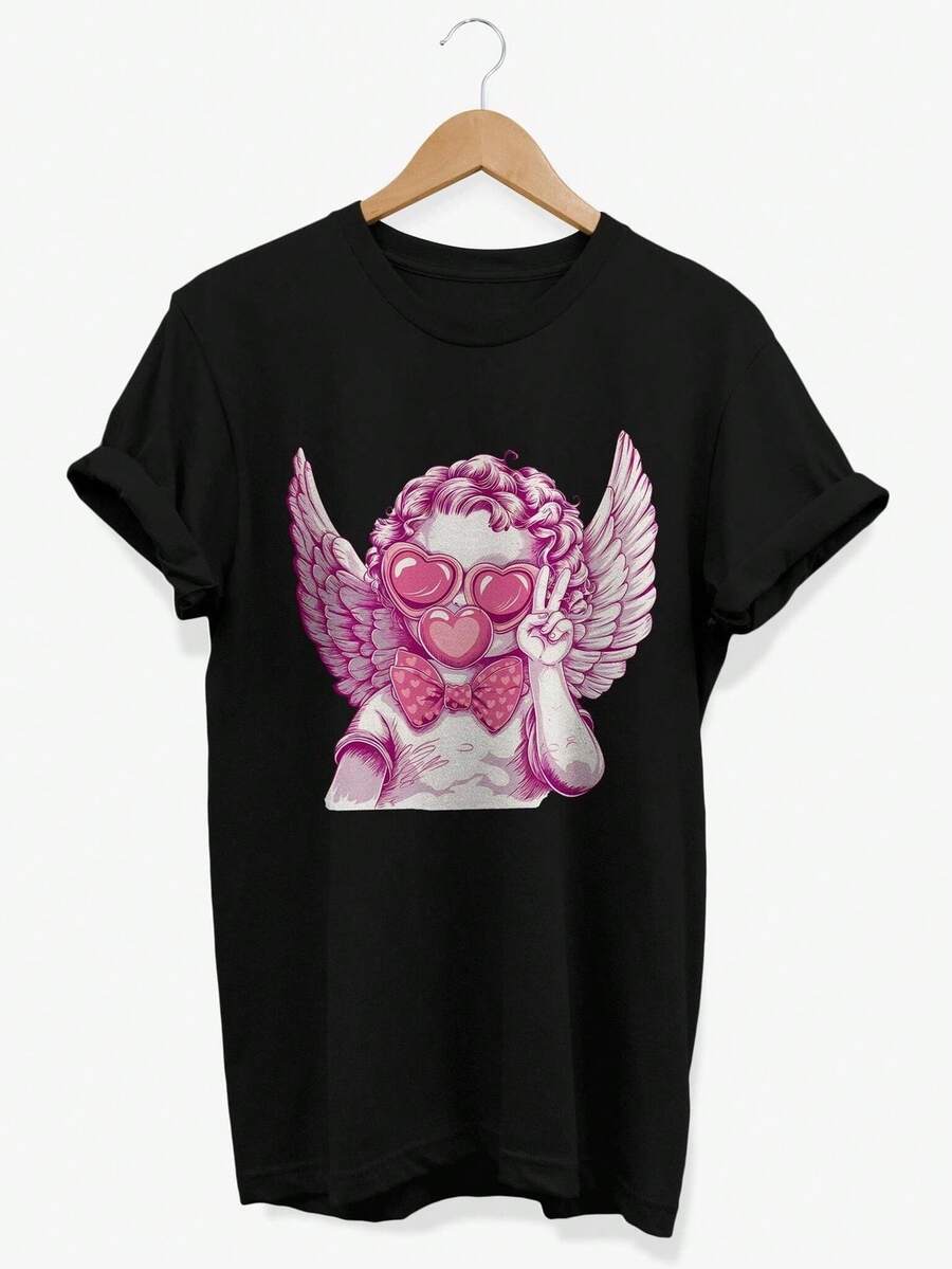 Camiseta Cupid Angel Bubble Gum R San Valentín Graphic T1EE. Camiseta unisex de algodón puro de 220 g. Peso ideal para todas las estaciones, apta tanto para hombres como para mujeres. Tejido duradero de alta calidad, suave al tacto y de larga duración. Prenda transpirable, ideal para el otoño y las vacaciones. - Negro - Ver 1