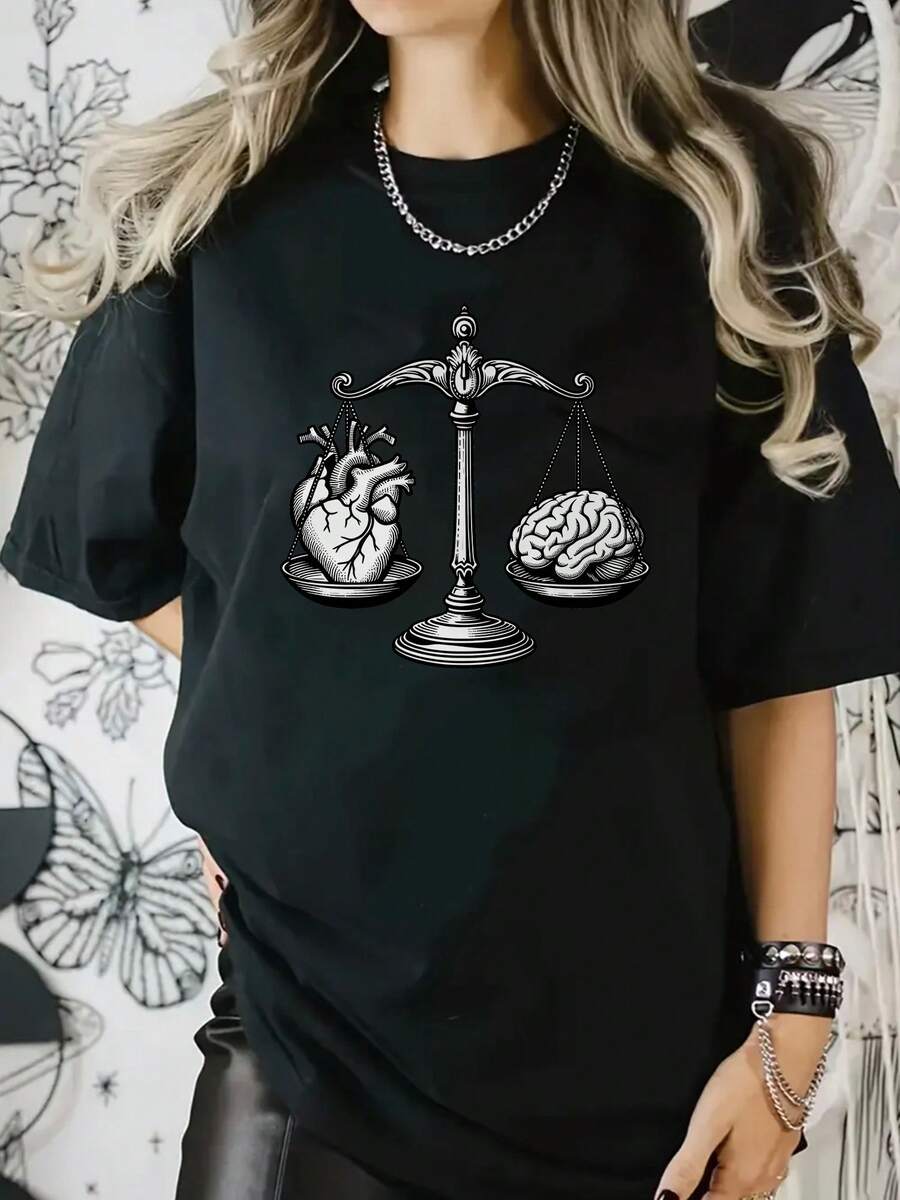 Camiseta Gráfica para Mujer - Diseño de Justicia Blanca con Equilibrio de Corazón y Cerebro - Camiseta Suave y Elástica para el Gimnasio, Atuendos Casuales - Top Transpirable de Cuello Redondo para Todas las Estaciones - Prenda Esencial Diaria Lavable a Máquina, Camisetas de Gimnasio, Camiseta de Estilo Maduro, Material No Transparente, Tejido de Alta Elasticidad - Negro - Ver 1