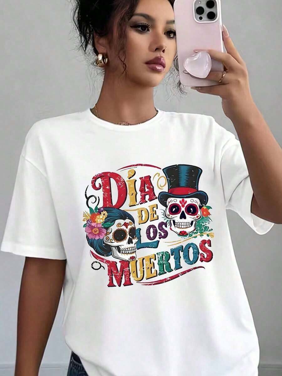 ropa de mujer Camiseta Casual para Mujer con Estampado de Calaveras de Azúcar y Flores del Día de los Muertos, Suave y Cómoda, Regalo para Halloween y la Celebración del Día de los Muertos, camisas de mujer - Blanco - Ver 1