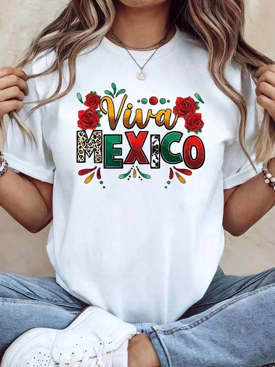 Camiseta de Mujer para el Día de la Independencia Mexicana - Presenta un vibrante estampado de "Viva México", con diseños de maracas, sombrero y cactus - Camiseta casual de manga corta y cuello redondo, ligera, adecuada para fiestas del Cinco de Mayo, festivales de música de primavera y verano, atuendos tradicionales mexicanos, conjuntos festivos, celebraciones, camisetas estampadas de moda, moda urbana, material transpirable, tela elástica, camisa estampada, para entusiastas de fiestas y festivales de música - Ligera y transpirable. - Blanco - Ver 1