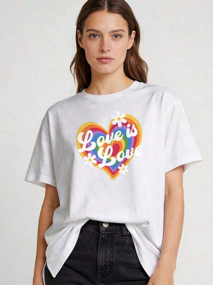 Camiseta Gráfica Arcoíris para Mujer Talla Grande - Cuello Redondo Casual, Manga Corta, Corte Holgado, Fibra de Poliéster, Lavable a Máquina, Estampado Colorido Vibrante, Perfecta para el Verano, Transpirable y Cómoda - Blanco - Ver 1