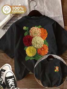 Camiseta Holgada Sencilla Mujer Estilo Moderno Top Casual de Primavera y Verano para Mujer con Estampado Floral de Doble Cara, Estilo Vintage con Dalias y Hojas Verdes, Cuello Redondo, Camiseta de Manga Corta.Camiseta Mujer Estampado Gráfico  Verano 2026 - Negro - Ver 7