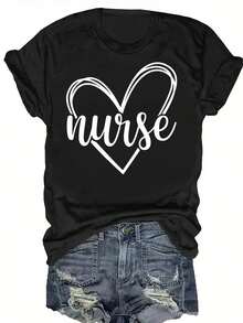Camiseta de manga corta holgada con diseño de corazón, perfecta para uso casual en primavera y verano, disponible en tallas grandes para mujer. - Negro - Ver 6