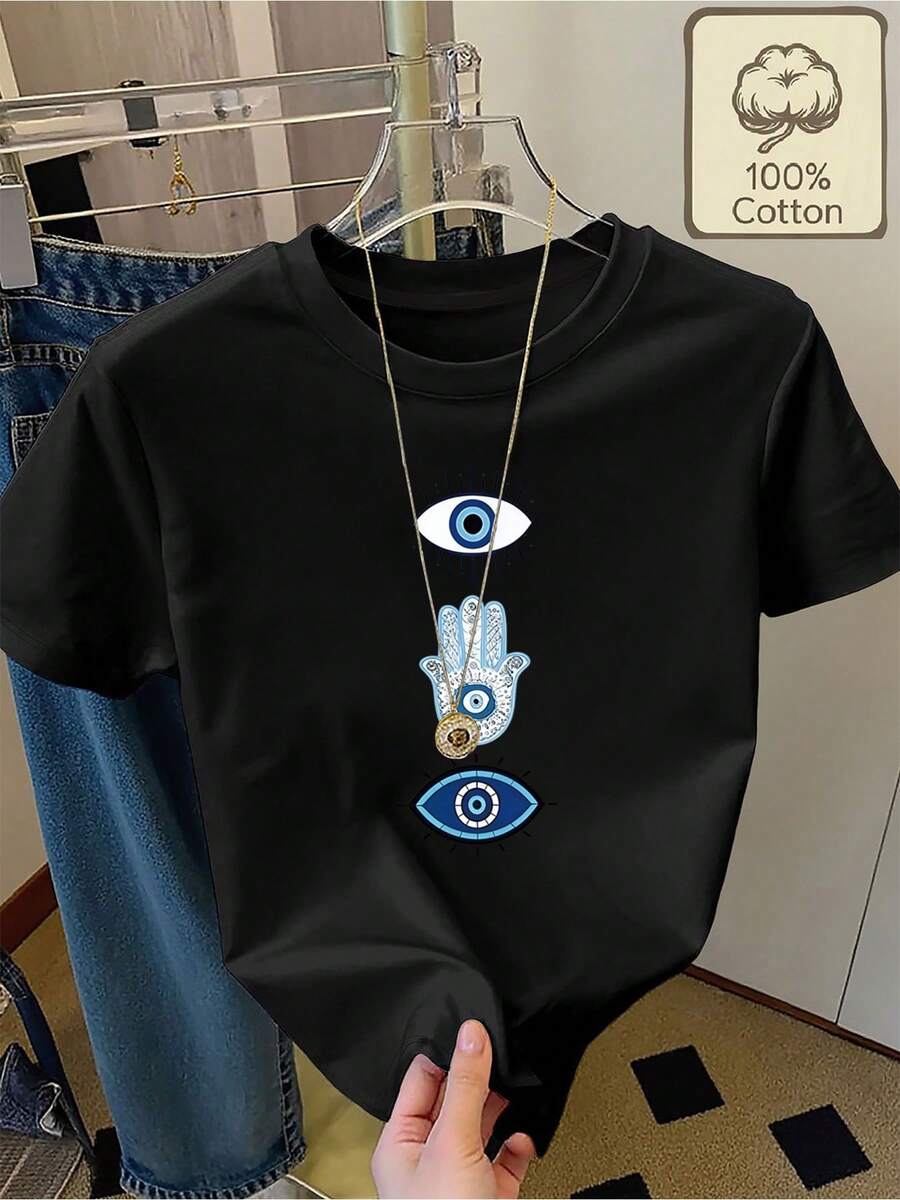 Soft 100% Cotton T-Shirt With Vertically Arranged Turkish Eye And Hamsa Designs, Round Neck, Short Sleeves, Casual Summer Wear, Comfortable And Breathable For Women. Breathable Cotton T-Shirt, Goes With Everything, Great. - 黑色 - 查看 1