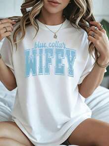 Elegante y casual para mujer, manga corta, camiseta blanca para mujer con estampado de "Blue Collar Wifey", top casual para uso diario y estilo vacacional de verano. - Blanco - Ver 8