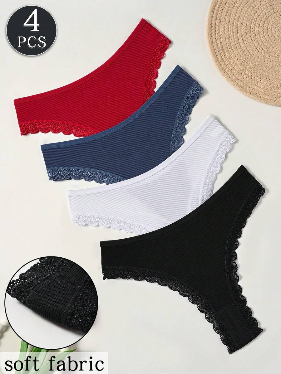 4pcs Women's White Lace Trim Ribbed Comfortable Ultra-Thin Breathable Minimalist Solid Color Thong - Multicolor - View 1