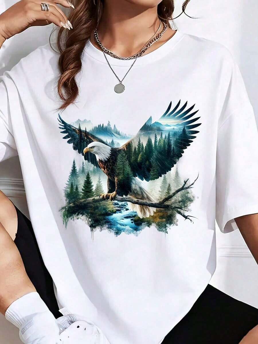 Camiseta grande con gráfico de escena del bosque de la Montaña del Águila, es una camiseta perfecta para regalar a amigos y familiares en cualquier fiesta u ocasión festiva, 220g - Blanco - Ver 1