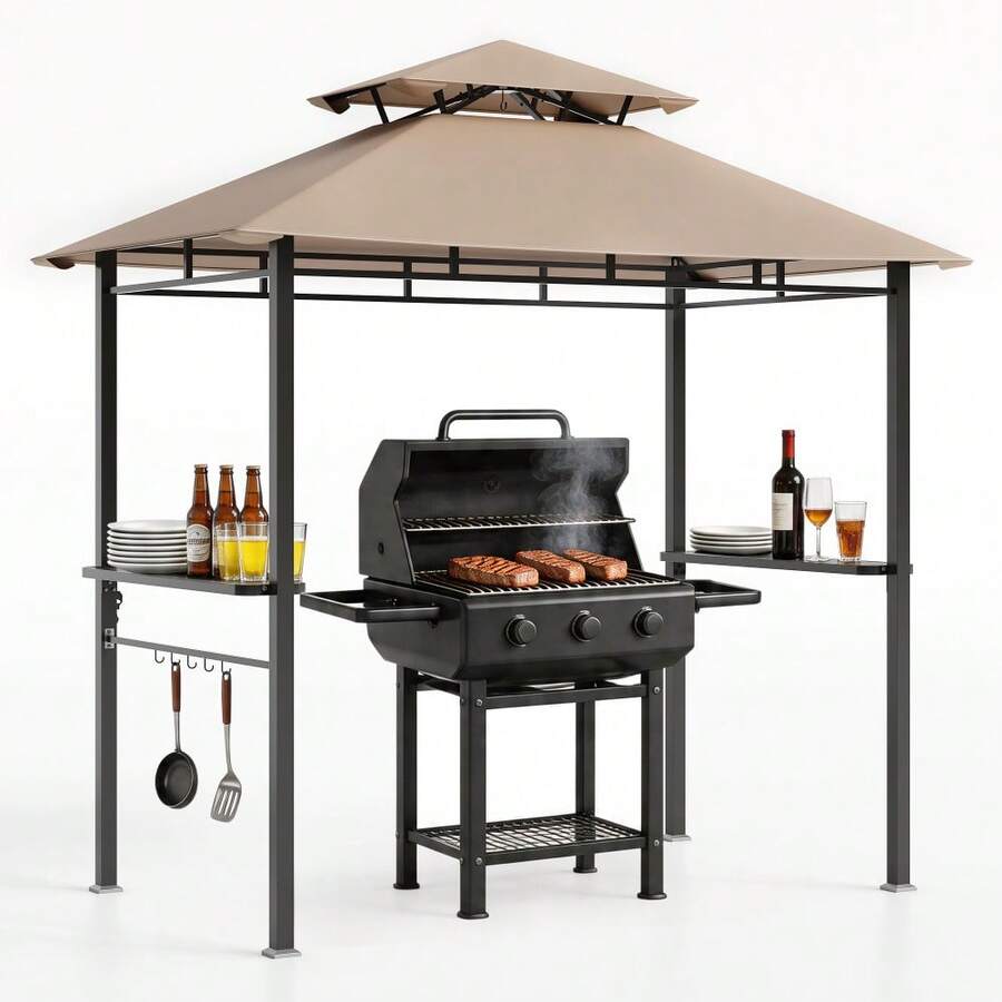 Home Outdoor 8x5 Ft BBQ Grill Gazebo With Double Roof, Grill Shelter With 2 Side Shelves & Tool Hooks, Weather-Resistant Patio Shelter For Backyard Cooking - Khaki - View 1