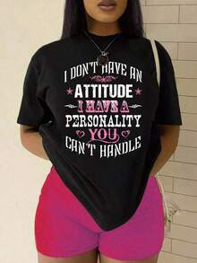 Curvy Clothing On : Women's Casual Loose Summer T-Shirt With Slogan Print, Round Neck, And Drop Shoulders, Featuring The Graphic 'I DON'T HAVE AN ATTITUDE I HAVE A YOU CAN'T HANDLE'. Women's T-Shirts Y2K. - 黑色 - 查看 6