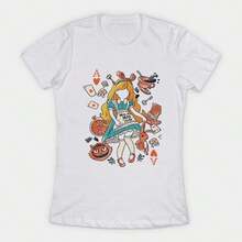 Wonderland Girl Women's T-Shirt: We're All Crazy Here. 220g Cotton Essential Unisex T-Shirt, 220g Of Unique Softness. Designed To Fit Everyone, Men And Women Alike. Durable, High-Quality Fabric, Ready For Any Cut, Delicate To The Touch But Built To Last. Lightweight Tops For Women, Perfect For Autumn Outfits, Vacation Wear, And New Year's Costumes. - 白色 - 查看 1
