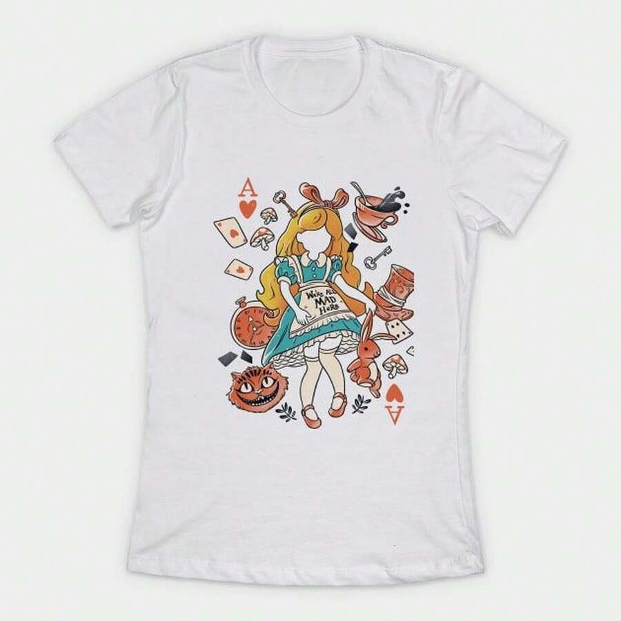Wonderland Girl Women's T-Shirt: We're All Crazy Here. 220g Cotton Essential Unisex T-Shirt, 220g Of Unique Softness. Designed To Fit Everyone, Men And Women Alike. Durable, High-Quality Fabric, Ready For Any Cut, Delicate To The Touch But Built To Last. Lightweight Tops For Women, Perfect For Autumn Outfits, Vacation Wear, And New Year's Costumes. - 白色 - 查看 1
