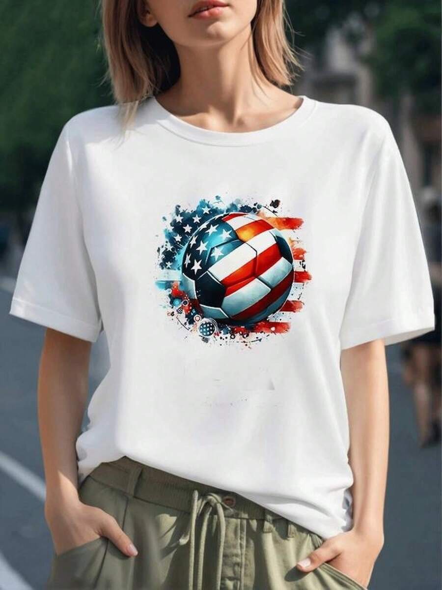 Balón de fútbol con bandera de Estados Unidos y energía patriótica que celebra la unión y la pasión por el deporte camiseta de mujer 100% algodón cómoda y moderna - Negro - Ver 1