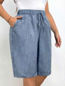 Pantalones cortos holgados de lino de talla grande para mujer, de unicolor, con bolsillo y lazo en la cintura, pantalones cortos anchos y de pierna ancha, pantalones cortos modestos para vacaciones y verano, color negro - Azul - Ver 7