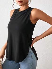 1 pieza Camiseta casual de mujer de cuello redondo y bajo con abertura lateral de un solo color - Negro 2 - Ver 6
