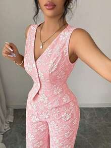 Conjunto de 2 piezas de chaleco y pantalones azules, con estampado de margaritas africanas, jacquard, en relieve, elegante y casual para uso diario y de oficina, para mujer - Rosa Pálido - Ver 3