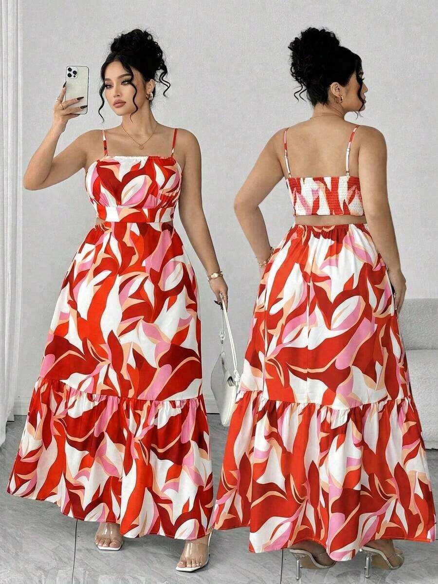 Vestido elegante de mujer talla grande con tirantes finos, cintura fruncida y diseño evasé, con estampado de hojas de dos colores, diseño evasé estilizador, elegante y sofisticado, adecuado para volver al colegio, graduación, San Valentín, festiva - Naranja 2 - Ver 1
