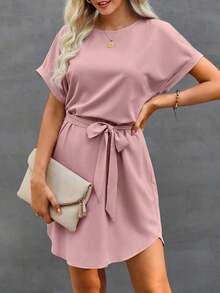 Vestido de mujer de manga corta tipo murciélago con cuello redondo y cintura torcida de unicolor - Rosa Pálido - Ver 5