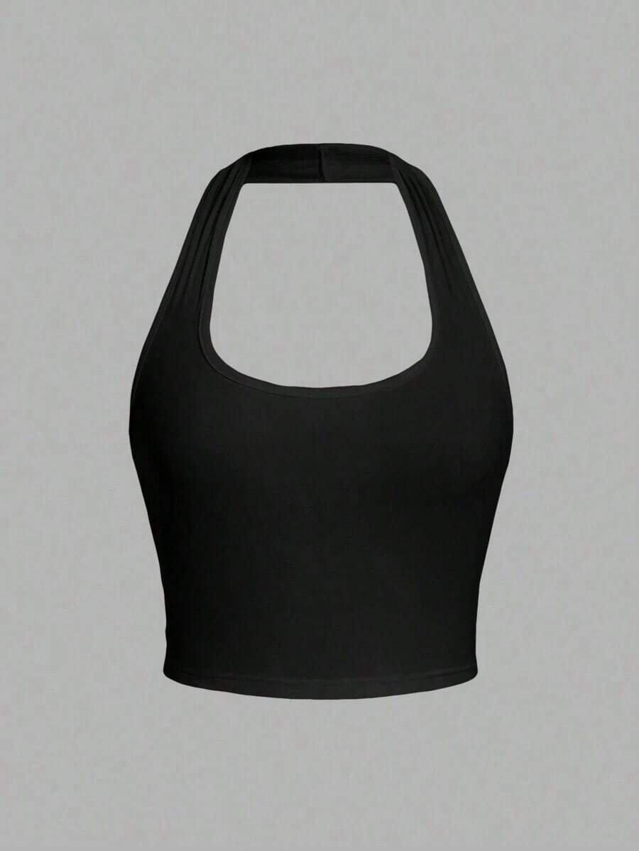 Camiseta de tirantes de ajuste ceñido con cuello halter, color liso y corta, de estilo minimalista y casual para mujer, de verano - Negro 2 - Ver 1