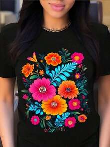 Black Multicolor Mexican Floral T-Shirt - Loose Fit, Short Sleeve, Round Neck, With Turquoise Hibiscus And Marigold Print, Breathable Casual Blouse For Summer, Travel, Outdoors, Beach (Pink, Orange, Yellow, Green) Cute T-Shirts For Women - 風格 - 查看 9