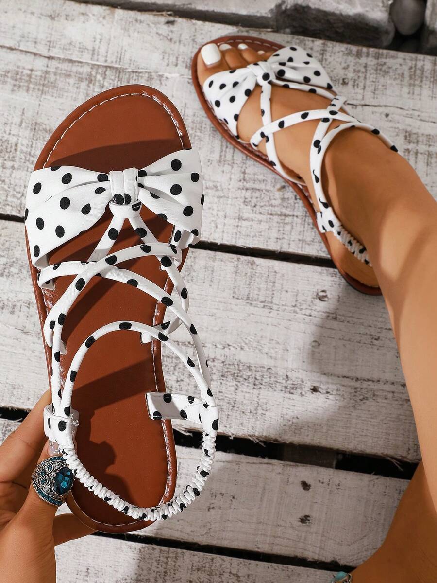 1 Pair Fashionable White Retro Polka Dot Women's Sandals, Elegant Bow And Criss-Cross Strap Design, Comfortable And Versatile, Suitable For Various Occasions