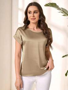 Blusa suelta elegante de verano para mujer con cuello redondo, mangas cortas tipo murciélago y unicolor - Blusas de manga corta - Caqui - Ver 3
