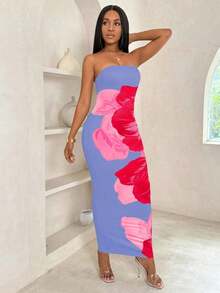 Vestido maxi floral estampado sin tirantes de moda para mujer - Azul 2 - Ver 6