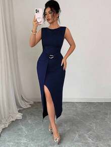 Vestido largo elegante y ajustado para mujer, diseño minimalista, verano - Azul marino - Ver 6